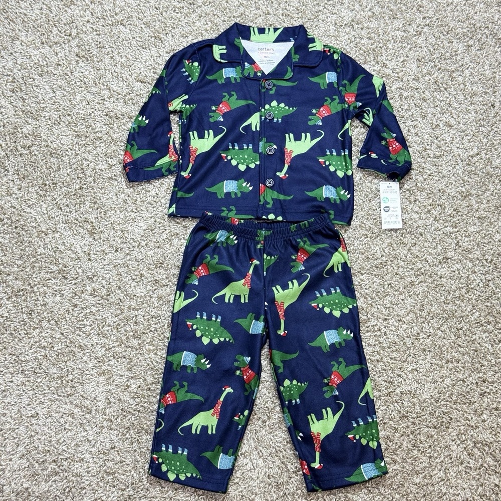 Carters Just One You Baby 18M Christmas Dinosaur Pajama Set Navy 2pc Holiday NWT